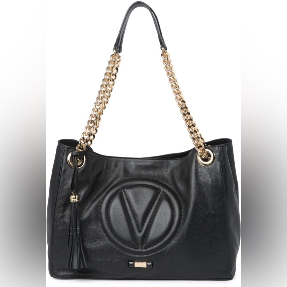 Valentino By Mario Valentino Black Leather Tote with Gold Chain Straps
